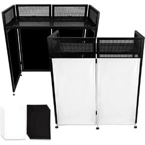 DJ Booth Table Station 44" x 42.2" x 20.6", DJ Facade Booth with Black & White Lighting Scrims, 40“ x 19.6" DJ Table, Foldable Metal Frame DJ Booth Panel for Show, Party, Gathering