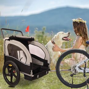 Pet Dog Bike Trailer, 2-in-1 Child Bike Trailer and Stroller for 2 Kids, Multisport Trailer with Converts to Jogging Stroller, Universal Bicycle Coupler w/Front Jogger Wheel - blac