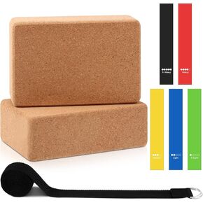 8 Pcs Cork Yoga Block with Strap and Resistance Loop Set Yoga Cube Stretch Yoga Bricks with Strap Exercise Bands for Women Men Exercise Stretching Fitness Workout Pilates