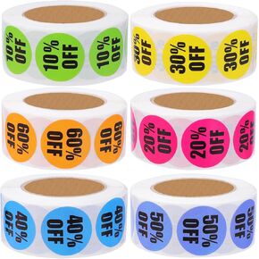 3000 PCS Percent Off Stickers,Discount Stickers 10 to 60 Percent Off Clearance Sticker,Circle Pricemarker Label,Multicolored Percent Off Adhesive Labels for Retail Store Clearance,1Inch 6 Rolls
