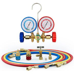Orion Motor Tech AC Gauges, Automotive AC Gauge Set for R134a R12 R22 R502, 3 Way AC Manifold Gauge Set with 5FT Hoses Couplers & Adapter, PR134A Can Tap Freon Recharge Kit for HVAC