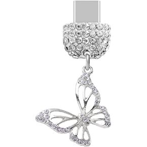 ELISE & FONDA TP229 Type-C USB Charging Port Crystal Anti Dust Plug Little Butterfly Cell Phone Charm for Samsung Galaxy/Huawei/OnePlus/Xiaomi/oppo Android Phones (Silver)