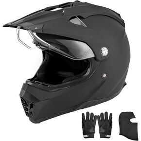 Off Road Motorcycle Dual Sport Helmet Full Face Helmet DOT/FMVSS-218 Dual Visor Dirt Bike ATV Motocross Helmet with Mask & Gloves for Unisex-Adult