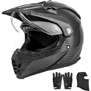 Off Road Motorcycle Dual Sport Helmet Full Face Helmet DOT/FMVSS-218 Dual Visor Dirt Bike ATV Motocross Helmet with Mask & Gloves for Unisex-Adult