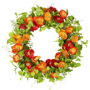 YNYLCHMX 18" Spring Wreaths for Front Door Summer Wreath with White Flowers Grapevines Green Eucalyptus Leaves, Artificial Floral Wreath for Wall Window Farmhouse in Kuwait