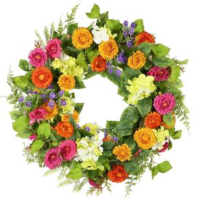YNYLCHMX 18" Spring Wreaths for Front Door Summer Wreath with White Flowers Grapevines Green Eucalyptus Leaves, Artificial Floral Wreath for Wall Window Farmhouse