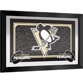 Trademark Global Wall Mirror - Ready-to-Hang Pittsburgh Penguins Logo Black Framed Rectangle Mirror - for Pub, Game Room, Garage or Home Bar