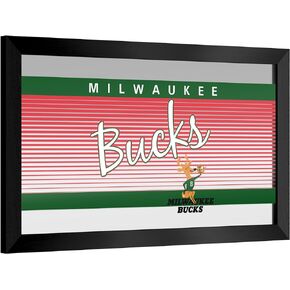 Trademark Global Wall Mirror - Ready-to-Hang Milwaukee Bucks Hardwood Classics Black Framed Rectangle Mirror - for Pub, Game Room, Garage or Home Bar