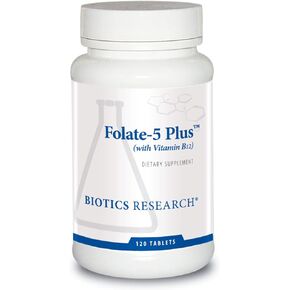 BIOTICS Research Folate 5 Plus High Potency Folate with B12. Methyl Support. 5 Milligram Natural and Whole Food Form of Folate, 18 B12, Pregnancy Nutrition, Energy Support. Healthy Skin. 120 tabs