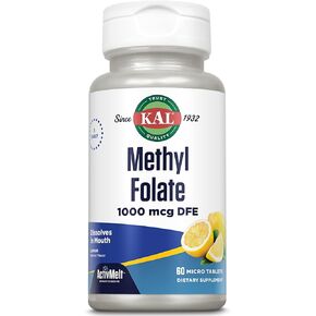KAL Methyl Folate 1000 mcg, 5-MTHF Active Form, Folic Acid Supplement, Heart Health, Prenatal, Mood and Brain Support, Vegetarian, Natural Lemon ActivMelt, 60-Day Guarantee, 60 Serv, 60 Micro Tablets