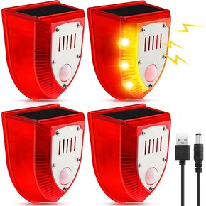 Qualirey Solar Alarm Motion Detector with Sound Outdoor Motion Sensor 129db Barking Dog Strobe Light Gunshot Sound Alarm Motion Detector Noise Maker Warning Lamp for Home Villa Yard Farm(4 Pcs)