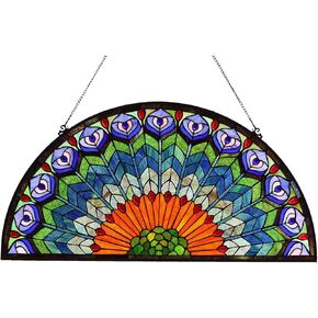 Bieye W10034 Peacock Feather Tiffany Style Stained Glass Window Panel Hangings with Chain, 36 inches Wide Half Round Shape