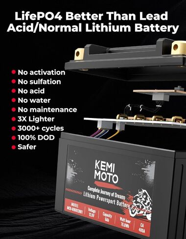 KEMIMOTO Lithium Motorcycle Battery YTX9-BS/YTX7A-BS, LiFePO4 12v Lithium Battery 4Ah, Full Charged, with 5 Universal-Fit EVA Spacers, Compatible with Motorcycle Lawn Mower ATV UTV Can-Am in Saudi Arabia
