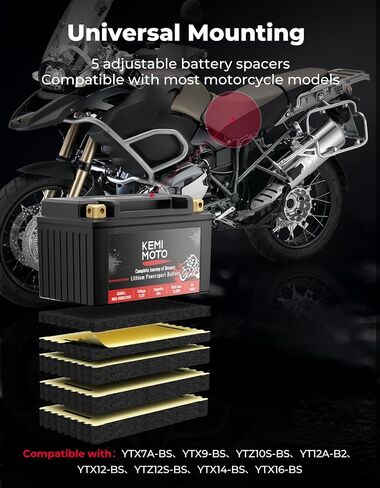 KEMIMOTO Lithium Motorcycle Battery YTX9-BS/YTX7A-BS, LiFePO4 12v Lithium Battery 4Ah, Full Charged, with 5 Universal-Fit EVA Spacers, Compatible with Motorcycle Lawn Mower ATV UTV Can-Am in Saudi Arabia