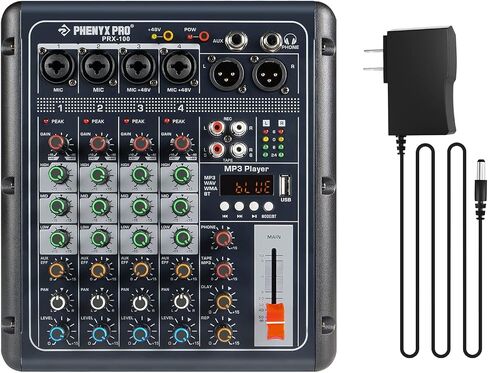 جهاز مزج الصوت Phenyx Pro PRX-100، وحدة تحكم خلط مدمجة 4+2 قنوات مع 3 نطاقات EQ، واجهة تسجيل USB، بلوتوث، طاقة فانتوم 48 فولت، مثالية للتسجيل المنزلي، البث عبر الإنترنت، أغنية K in Saudi Arabia