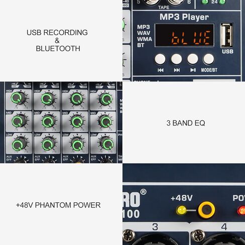 جهاز مزج الصوت Phenyx Pro PRX-100، وحدة تحكم خلط مدمجة 4+2 قنوات مع 3 نطاقات EQ، واجهة تسجيل USB، بلوتوث، طاقة فانتوم 48 فولت، مثالية للتسجيل المنزلي، البث عبر الإنترنت، أغنية K in Saudi Arabia