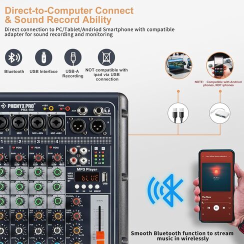 جهاز مزج الصوت Phenyx Pro PRX-100، وحدة تحكم خلط مدمجة 4+2 قنوات مع 3 نطاقات EQ، واجهة تسجيل USB، بلوتوث، طاقة فانتوم 48 فولت، مثالية للتسجيل المنزلي، البث عبر الإنترنت، أغنية K in Saudi Arabia