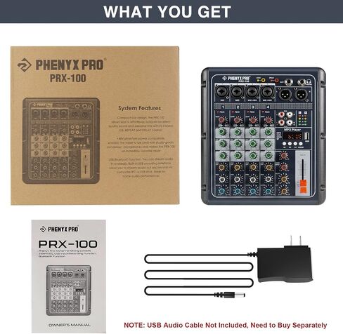 جهاز مزج الصوت Phenyx Pro PRX-100، وحدة تحكم خلط مدمجة 4+2 قنوات مع 3 نطاقات EQ، واجهة تسجيل USB، بلوتوث، طاقة فانتوم 48 فولت، مثالية للتسجيل المنزلي، البث عبر الإنترنت، أغنية K in Saudi Arabia