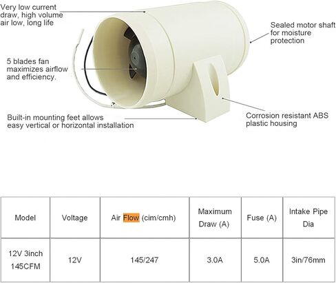 4" in-Line Marine Bilge Air Blower 12V 270, Bilge Blower, Turbo in Line Bilge Blower, 5 Blades Fan 3in RV Ventilation Fan Low Current Draw for Boat Marine in Kuwait