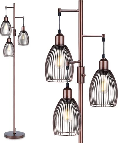 مصباح أرضي قابل للتعتيم، 3 × 800 لومن مصابيح إديسون LED متضمنة، مصباح أرضي صناعي للمزرعة مصباح شجرة قائم مع قفص دمعة أنيق طويل القامة لغرفة المعيشة وغرفة النوم والمكتب وغرفة الطعام باللون الأسود in Kuwait