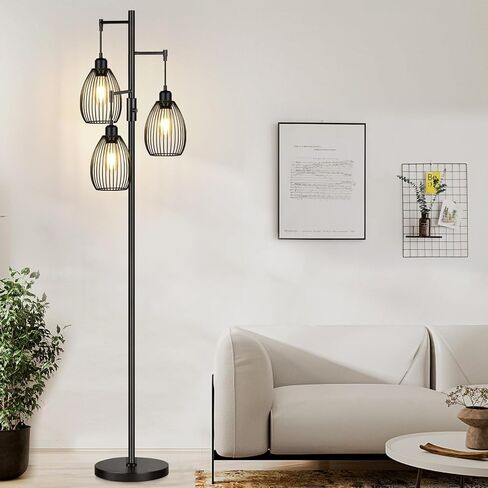 مصباح أرضي قابل للتعتيم، 3 × 800 لومن مصابيح إديسون LED متضمنة، مصباح أرضي صناعي للمزرعة مصباح شجرة قائم مع قفص دمعة أنيق طويل القامة لغرفة المعيشة وغرفة النوم والمكتب وغرفة الطعام باللون الأسود in Kuwait