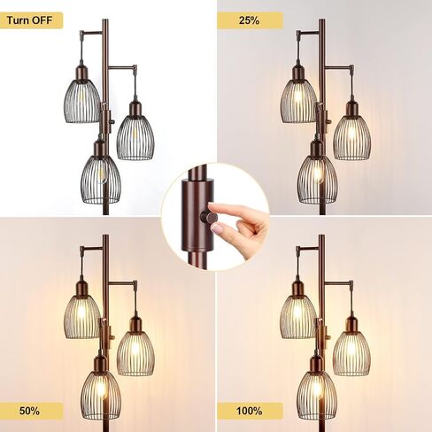 مصباح أرضي قابل للتعتيم، 3 × 800 لومن مصابيح إديسون LED متضمنة، مصباح أرضي صناعي للمزرعة مصباح شجرة قائم مع قفص دمعة أنيق طويل القامة لغرفة المعيشة وغرفة النوم والمكتب وغرفة الطعام باللون الأسود in Kuwait