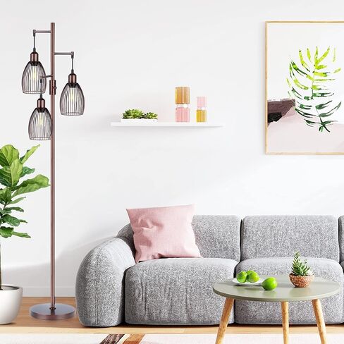 مصباح أرضي قابل للتعتيم، 3 × 800 لومن مصابيح إديسون LED متضمنة، مصباح أرضي صناعي للمزرعة مصباح شجرة قائم مع قفص دمعة أنيق طويل القامة لغرفة المعيشة وغرفة النوم والمكتب وغرفة الطعام باللون الأسود in Kuwait