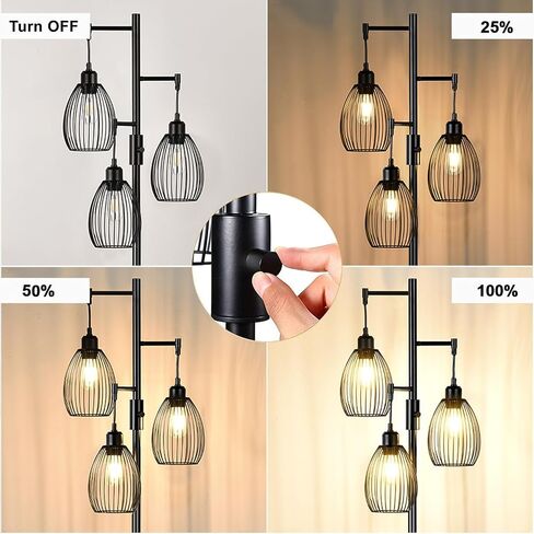 مصباح أرضي قابل للتعتيم، 3 × 800 لومن مصابيح إديسون LED متضمنة، مصباح أرضي صناعي للمزرعة مصباح شجرة قائم مع قفص دمعة أنيق طويل القامة لغرفة المعيشة وغرفة النوم والمكتب وغرفة الطعام باللون الأسود in Kuwait