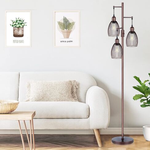 مصباح أرضي قابل للتعتيم، 3 × 800 لومن مصابيح إديسون LED متضمنة، مصباح أرضي صناعي للمزرعة مصباح شجرة قائم مع قفص دمعة أنيق طويل القامة لغرفة المعيشة وغرفة النوم والمكتب وغرفة الطعام باللون الأسود in Kuwait