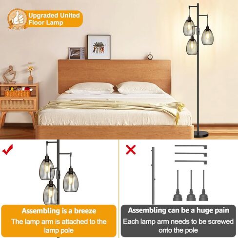 مصباح أرضي قابل للتعتيم، 3 × 800 لومن مصابيح إديسون LED متضمنة، مصباح أرضي صناعي للمزرعة مصباح شجرة قائم مع قفص دمعة أنيق طويل القامة لغرفة المعيشة وغرفة النوم والمكتب وغرفة الطعام باللون الأسود in Kuwait
