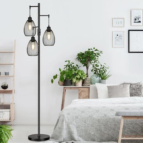 مصباح أرضي قابل للتعتيم، 3 × 800 لومن مصابيح إديسون LED متضمنة، مصباح أرضي صناعي للمزرعة مصباح شجرة قائم مع قفص دمعة أنيق طويل القامة لغرفة المعيشة وغرفة النوم والمكتب وغرفة الطعام باللون الأسود in Kuwait