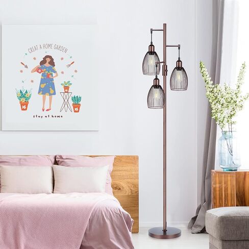 مصباح أرضي قابل للتعتيم، 3 × 800 لومن مصابيح إديسون LED متضمنة، مصباح أرضي صناعي للمزرعة مصباح شجرة قائم مع قفص دمعة أنيق طويل القامة لغرفة المعيشة وغرفة النوم والمكتب وغرفة الطعام باللون الأسود in Kuwait