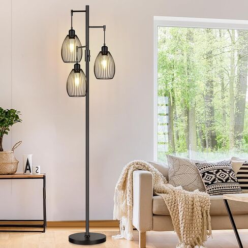 مصباح أرضي قابل للتعتيم، 3 × 800 لومن مصابيح إديسون LED متضمنة، مصباح أرضي صناعي للمزرعة مصباح شجرة قائم مع قفص دمعة أنيق طويل القامة لغرفة المعيشة وغرفة النوم والمكتب وغرفة الطعام باللون الأسود in Kuwait