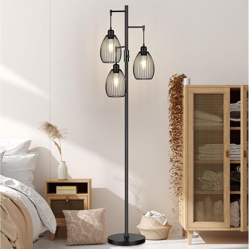 مصباح أرضي قابل للتعتيم، 3 × 800 لومن مصابيح إديسون LED متضمنة، مصباح أرضي صناعي للمزرعة مصباح شجرة قائم مع قفص دمعة أنيق طويل القامة لغرفة المعيشة وغرفة النوم والمكتب وغرفة الطعام باللون الأسود in Kuwait