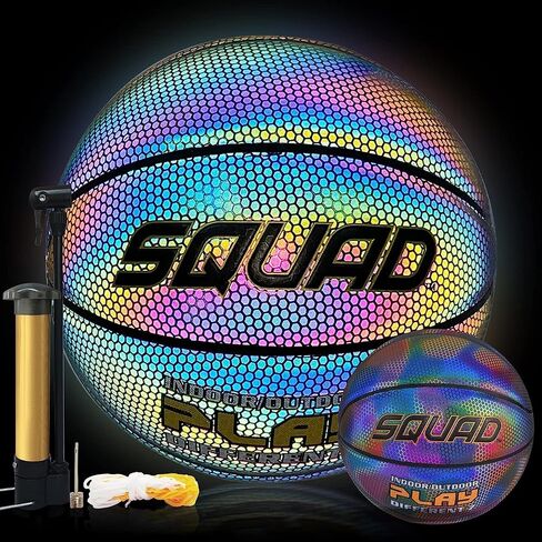 كرة سلة عاكسة للضوء من SQUAD NightPlay مع جلد بولي يوريثان ثلاثي الأبعاد رائع، مقاس 7 - كرة سلة مضيئة متوهجة للعب الليلي في الهواء الطلق، هدية مثالية للأولاد والبنات - تتضمن مضخة in Kuwait