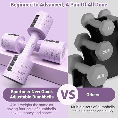 Adjustable Dumbbells Hand Weights Set: Sportneer 1 Pair 4 6 8 10lb (2-5lb Each) Free Weights Fast Adjust Dumbbell Weight Set of 2 for Women Men Home Gym Workout Strength Training Equipments in Kuwait