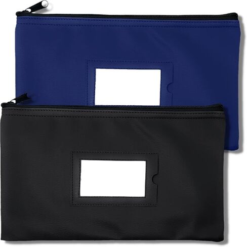 حقيبة إيداع بنك المال بسحاب | الأسود والأزرق الداكن | 11x6 بوصة | حقيبة محفظة مصنوعة من الجلد المتين للنقود النقدية للرجال والنساء مع نافذة معرف مؤطرة وبطاقة فارغة | بواسطة جيدابراند in Kuwait