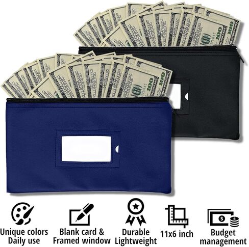 حقيبة إيداع بنك المال بسحاب | الأسود والأزرق الداكن | 11x6 بوصة | حقيبة محفظة مصنوعة من الجلد المتين للنقود النقدية للرجال والنساء مع نافذة معرف مؤطرة وبطاقة فارغة | بواسطة جيدابراند in Kuwait