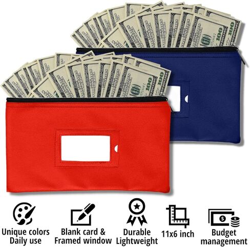 حقيبة إيداع بنك المال بسحاب | الأزرق الداكن والأحمر | 11x6 بوصة | حقيبة محفظة مصنوعة من الجلد المتين للنقود النقدية للرجال والنساء مع نافذة معرف مؤطرة وبطاقة فارغة | بواسطة جيدابراند in Kuwait