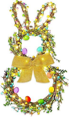 Easter Bunny Wreaths for Front Door with Lights, 24" Easter Green Rabbit Wreaths with Eggs,Twig and Berries,Bowknot, Spring Wreath for Decorations Home Farmhouse Outdoor Indoor Wall Mantel Window in Saudi Arabia