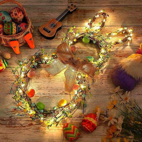 Easter Bunny Wreaths for Front Door with Lights, 24" Easter Green Rabbit Wreaths with Eggs,Twig and Berries,Bowknot, Spring Wreath for Decorations Home Farmhouse Outdoor Indoor Wall Mantel Window in Saudi Arabia