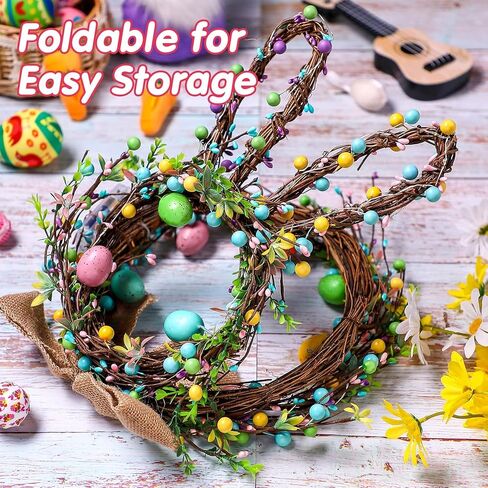 Easter Bunny Wreaths for Front Door with Lights, 24" Easter Green Rabbit Wreaths with Eggs,Twig and Berries,Bowknot, Spring Wreath for Decorations Home Farmhouse Outdoor Indoor Wall Mantel Window in Saudi Arabia