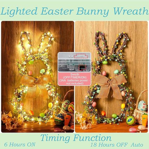 Easter Bunny Wreaths for Front Door with Lights, 24" Easter Green Rabbit Wreaths with Eggs,Twig and Berries,Bowknot, Spring Wreath for Decorations Home Farmhouse Outdoor Indoor Wall Mantel Window in Saudi Arabia
