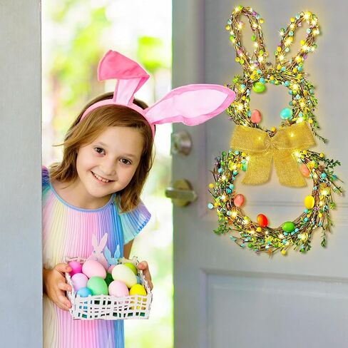 Easter Bunny Wreaths for Front Door with Lights, 24" Easter Green Rabbit Wreaths with Eggs,Twig and Berries,Bowknot, Spring Wreath for Decorations Home Farmhouse Outdoor Indoor Wall Mantel Window in Saudi Arabia