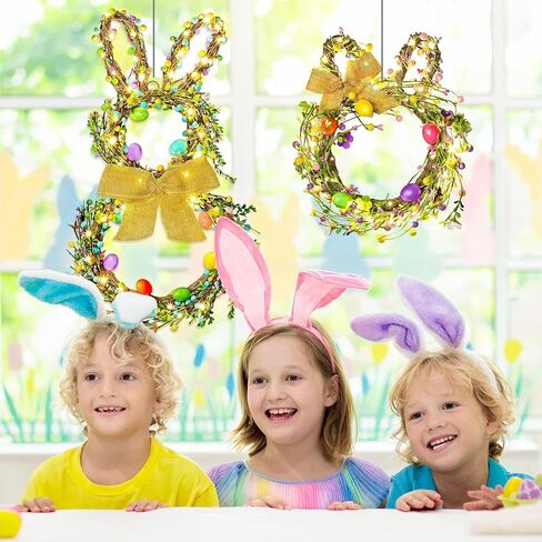 Easter Bunny Wreaths for Front Door with Lights, 24" Easter Green Rabbit Wreaths with Eggs,Twig and Berries,Bowknot, Spring Wreath for Decorations Home Farmhouse Outdoor Indoor Wall Mantel Window in Saudi Arabia