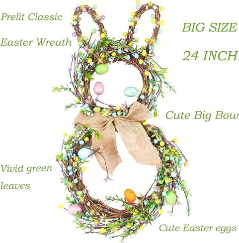 Easter Bunny Wreaths for Front Door with Lights, 24" Easter Green Rabbit Wreaths with Eggs,Twig and Berries,Bowknot, Spring Wreath for Decorations Home Farmhouse Outdoor Indoor Wall Mantel Window in Saudi Arabia