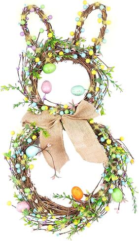 Easter Bunny Wreaths for Front Door with Lights, 24" Easter Green Rabbit Wreaths with Eggs,Twig and Berries,Bowknot, Spring Wreath for Decorations Home Farmhouse Outdoor Indoor Wall Mantel Window in Saudi Arabia