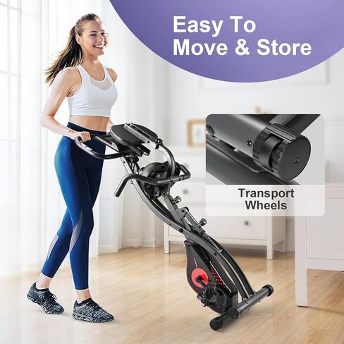 Folding Exercise Bike Portable Upright Adjustable Backrest Cycling Recumbent Stationary Bike Slim Indoor Workout Fitness Cardio Foldable Exercise Bicycle Machine with Pulse Sensor LCD Monitor Arm in Kuwait