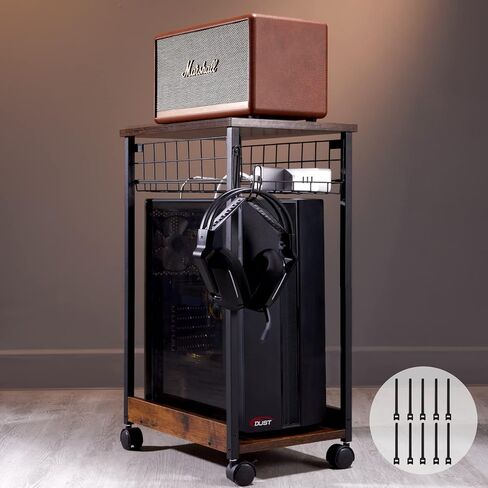 HOYRR Computer Tower Stand,pc Stand,Tower Stand,PC Stand for Under Desk,Black Metal PC Tower Stand,Vintage Wood PC Floor Stand,2 Layers with Storage Basket Computer Tower Stand Under Desk(Black) in Kuwait