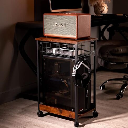 HOYRR Computer Tower Stand,pc Stand,Tower Stand,PC Stand for Under Desk,Black Metal PC Tower Stand,Vintage Wood PC Floor Stand,2 Layers with Storage Basket Computer Tower Stand Under Desk(Black) in Kuwait